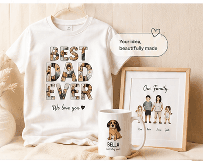 Personalized shirt, mug and family portrait